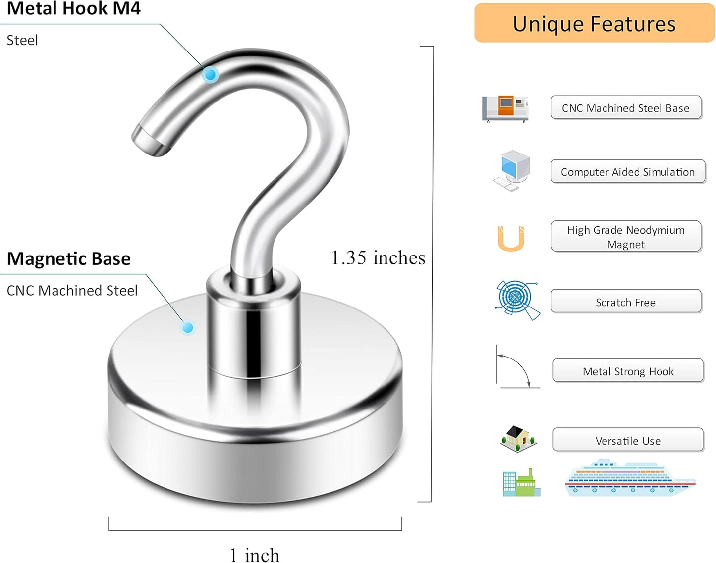 Neosmuk Magnetic Hooks, Heavy Duty Earth Magnets with Hook for Refrigerator, Extra Strong Cruise Hook for Hanging, Magnetic Hanger for Curtain, Grill(Silver White,4 Pack)