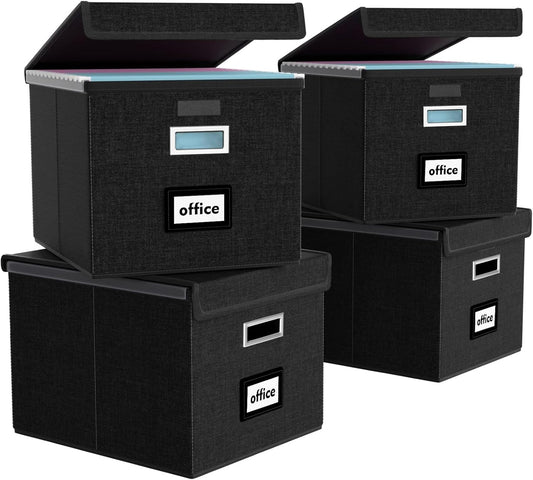 Huolewa New Portable File Organizer Boxes Set of 4, Collapsible Linen Hanging Filing Storage Boxes with Plastic Slide, Decorative Home/Office Filing System for File and Folders Storage (Black)