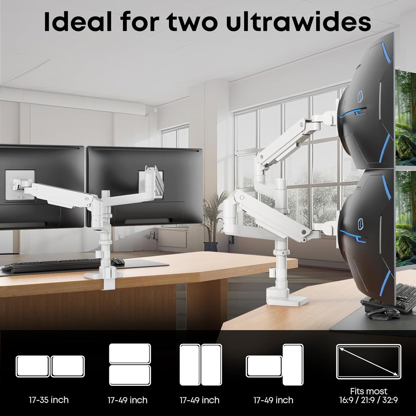 PUTORSEN 17-49”Premium Aluminum Heavy Duty Dual Monitor Arm for Ultrawide Screens up to 44lbs, Vertical Stacked Dual Monitor Desk Mount, Full Motion Dual Vertical Monitor Mount, VESA 75/100, White