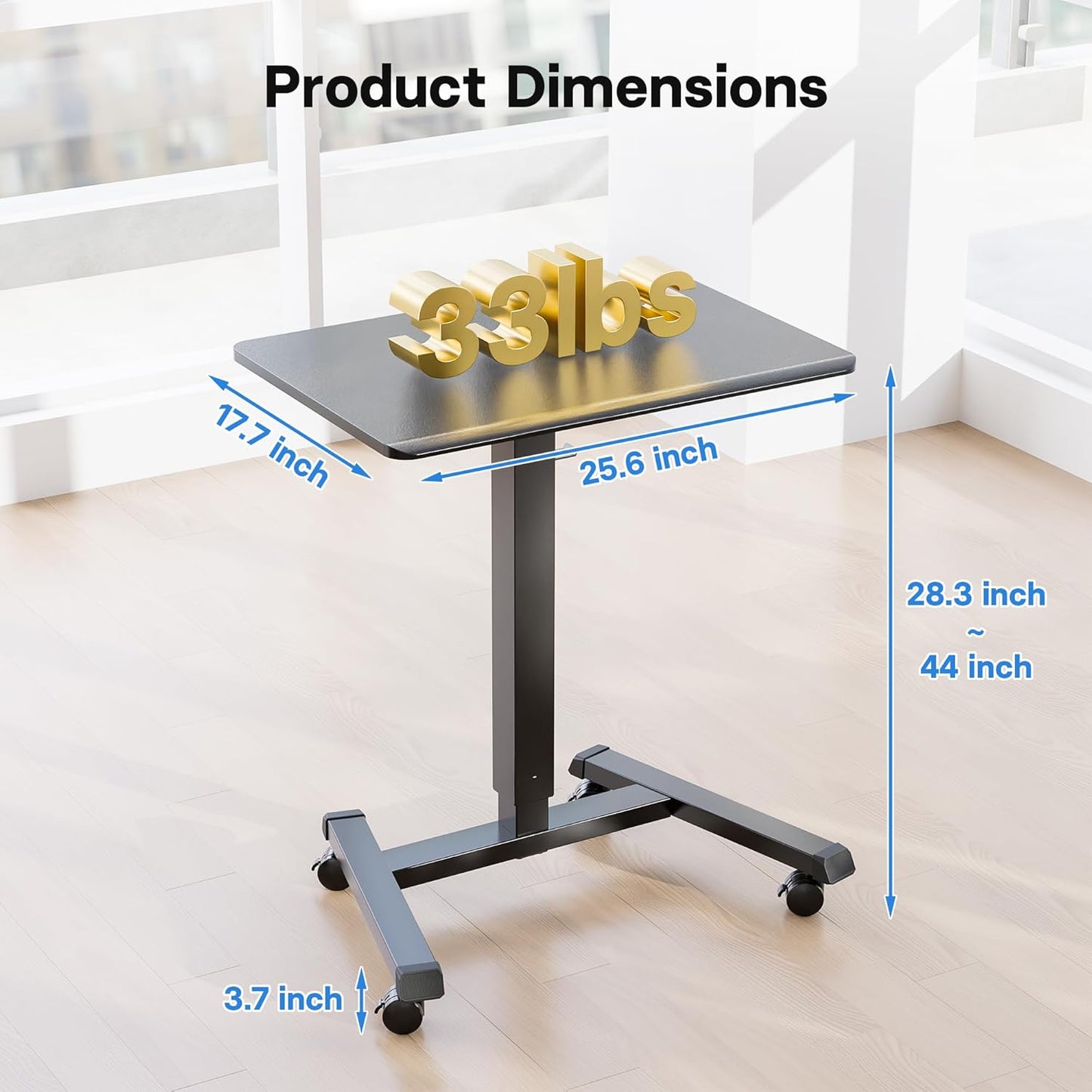BONTEC Mobile Standing Desk Adjustable Height, Rolling Laptop Cart with Hook, Portable Workstation with Pneumatic Lift, Ergonomic Table with Wheels, Compact Home Office Desk, Black 25.6" x 17.7"
