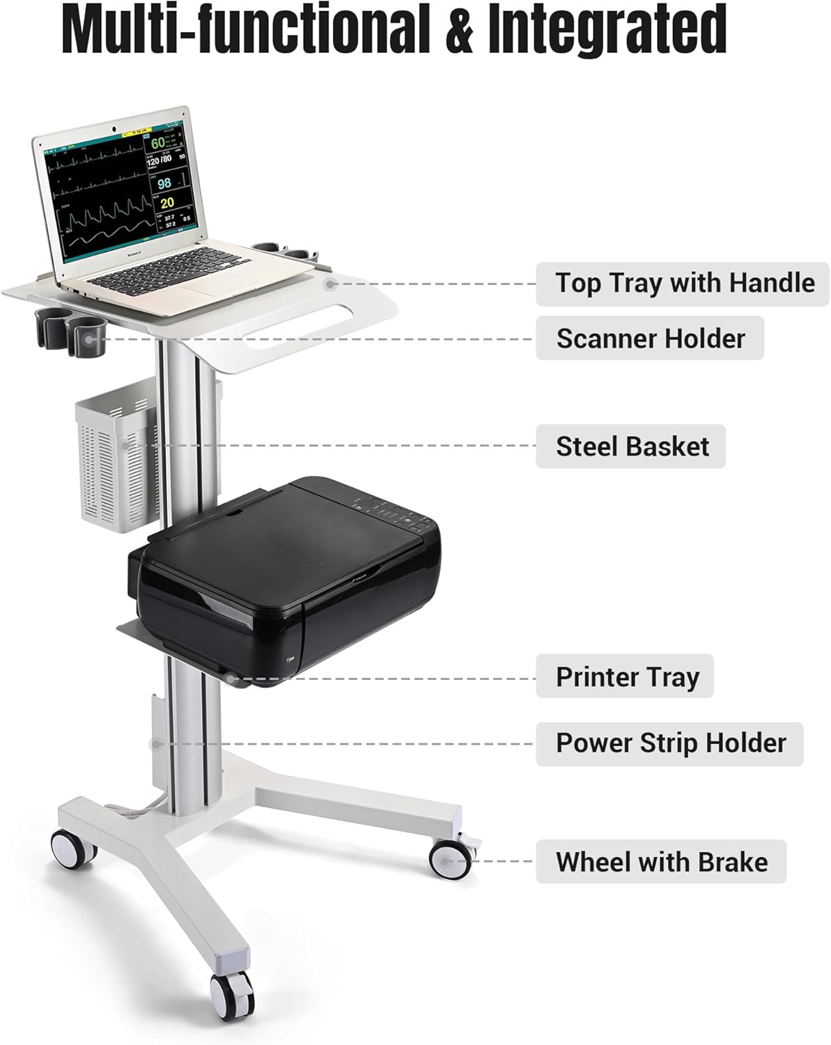 AW Medical Mobile Laptop Cart Rolling PC Stand Ultrasound Imaging Cart Computer Workstation on Wheels with Handle 220 Lbs Capacity CPU Printer Power Strip Holder for Dentistry Clinic Lap Hospital