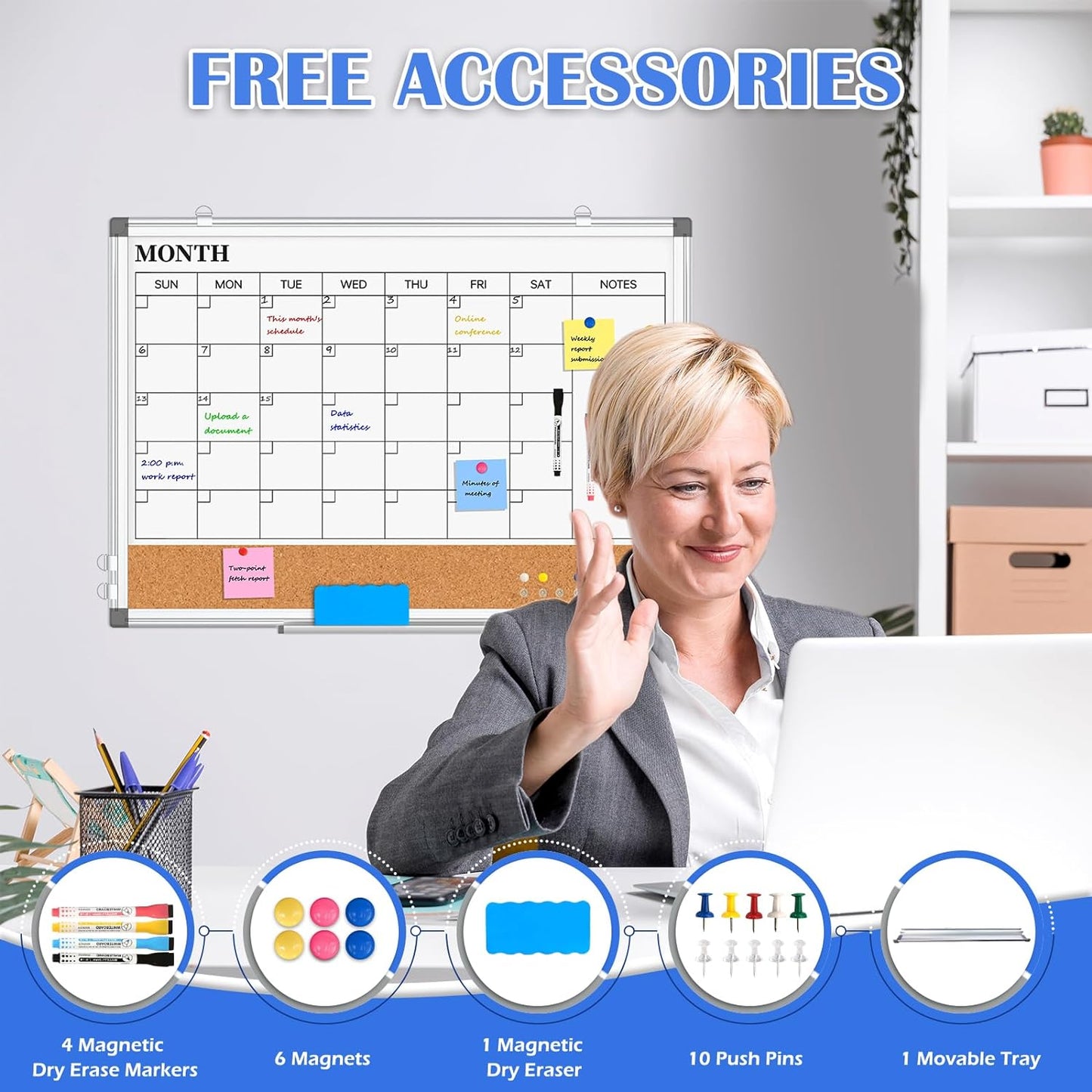 Monthly Calendar Whiteboard Dry Erase Cork Board Combo for Wall, 24" x 18" Double-Sided Calendar White Board and Bulletin Board, Portable Board for Office, Kitchen, School, Home