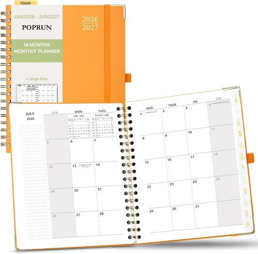POPRUN Monthly Planner 2026-2027 Spiral Hardcover (8'' x 10''), 18 Months Calendar (Jan.2026-Jun.2027) - 2 Pages per Month with Dotted Note Pages, Sunday Start, Laminated Tab - Orange