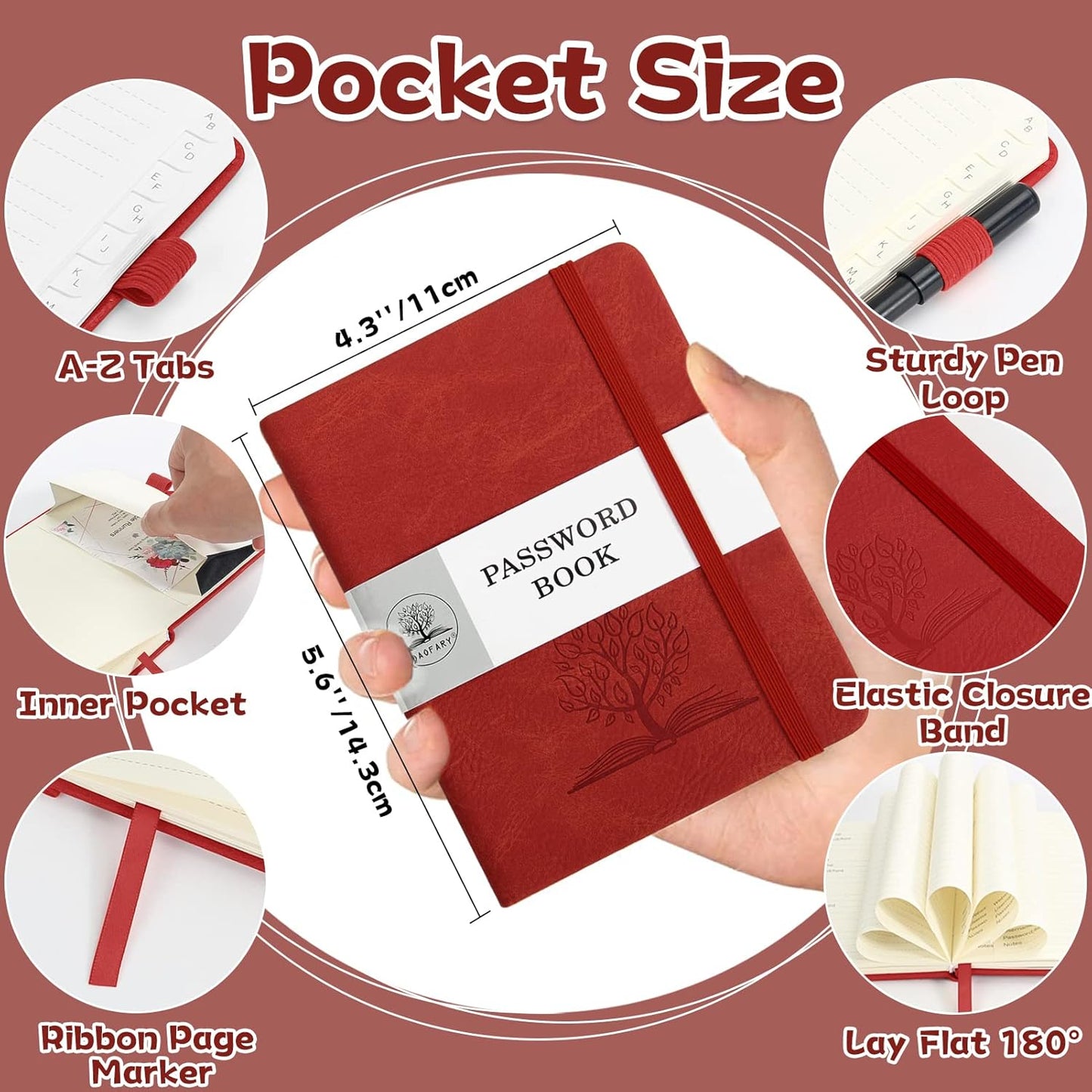 DAOFARY Password Book with Alphabetical Tabs - Small Password Keeper Book (5.6 * 4.3 in) with Inner Pocket, Hardcover Password Keeper Notebook for Log Internet Website Information (Red)