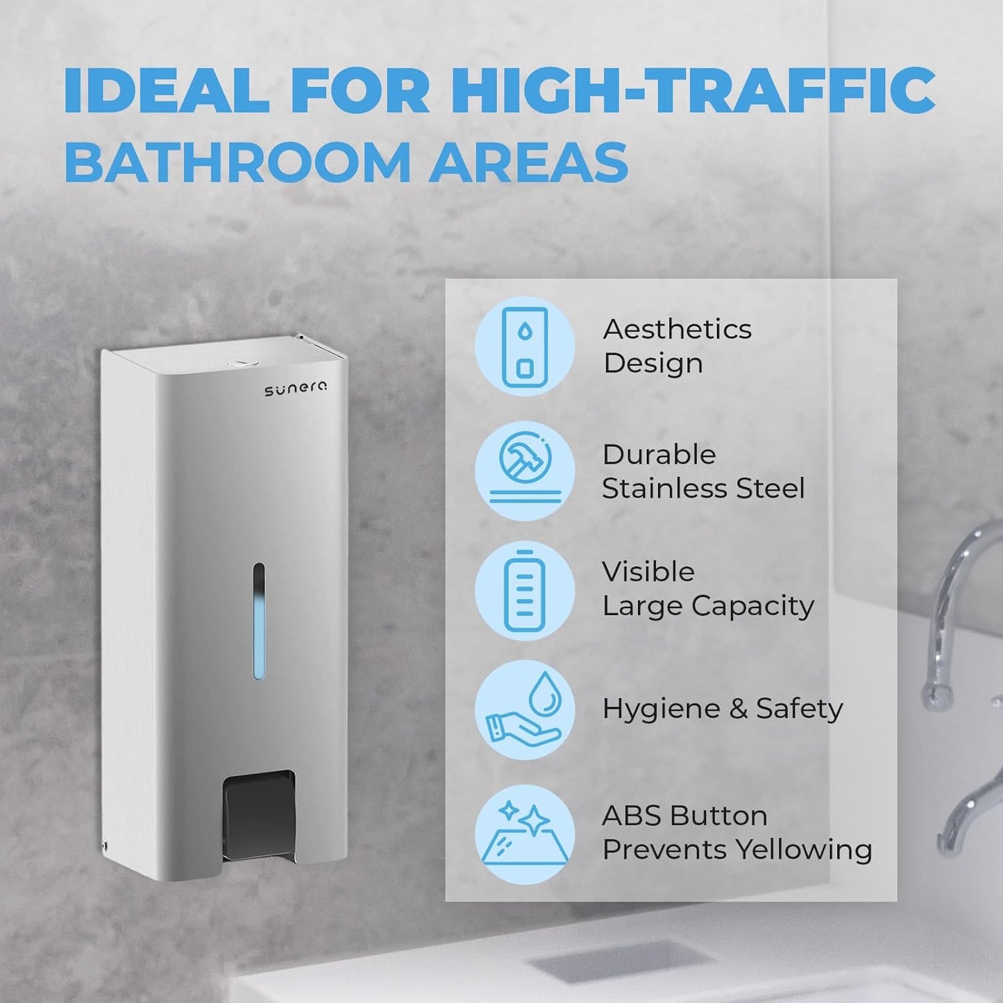 Sunera Commercial Soap Dispenser Wall Mount Luxury 304 Stainless Steel Soap Dispenser Kitchen Bathroom Industrial Push Hand Sanitizer Dispenser 1000ml SUNERA