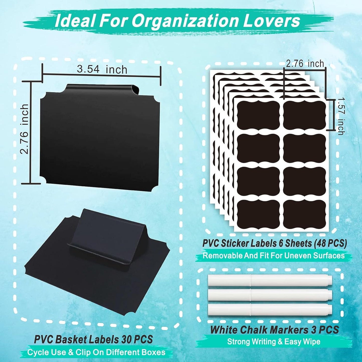 81-Piece Set of Basket Labels Clip On For Storage Bins: 30 Erasable Plastic Kitchen Pantry Labels, 48 Removable PVC Tag Stickers, 3 White Chalk Markers, For Organization Container, Jar, Shelf, Laundry