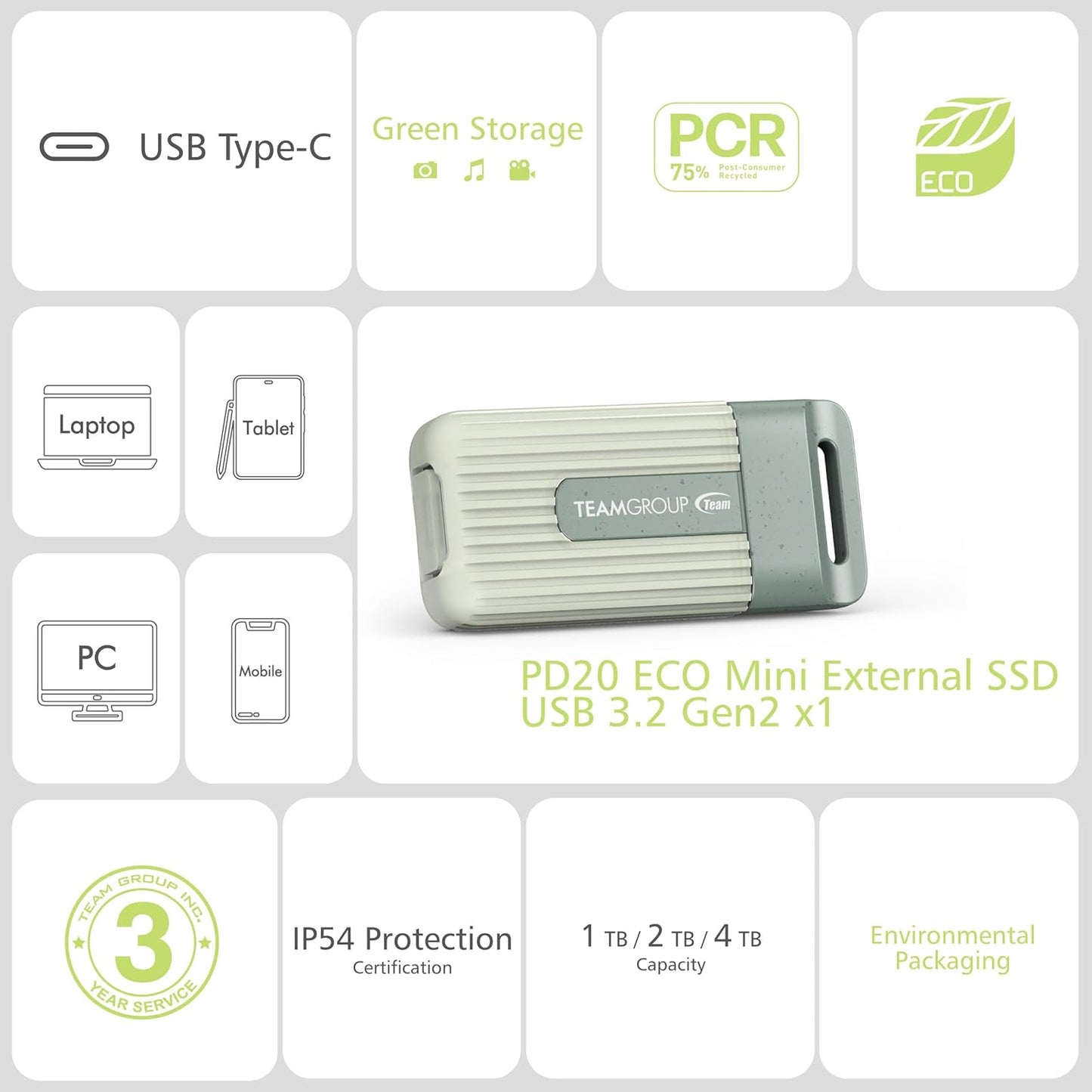 TEAMGROUP PD20 ECO 2TB Portable External Solid State Drive SSD Read up to 1000MB/s USB 3.2 Gen2x1 Type-C Waterproof Dustproof IP54 TPSEG4002T0C102