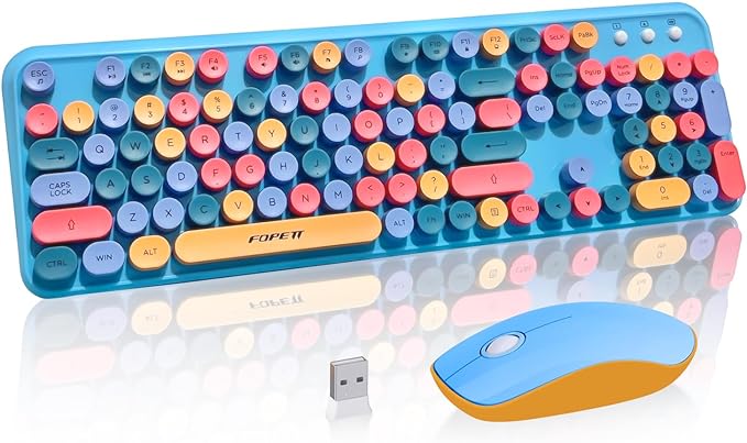 FOPETT Wireless Keyboard and Mouse Combo, 105 Keys Full-Sized 2.4 GHz Round Keycap Colorful Keyboards, USB Receiver Plug and Play, for Windows, Mac, PC, Laptop, Desktop (Blue Colorful)