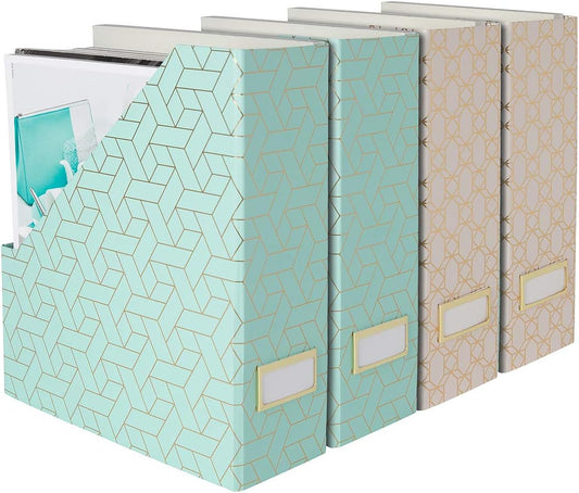 BLU MONACO Set of 4 Foldable Cute Magazine File Holders with Gold Label Holders – 2 Pink & 2 Aqua with Fun Gold Geometric Patterns – Stylish & Durable Magazine Storage for Home & Office