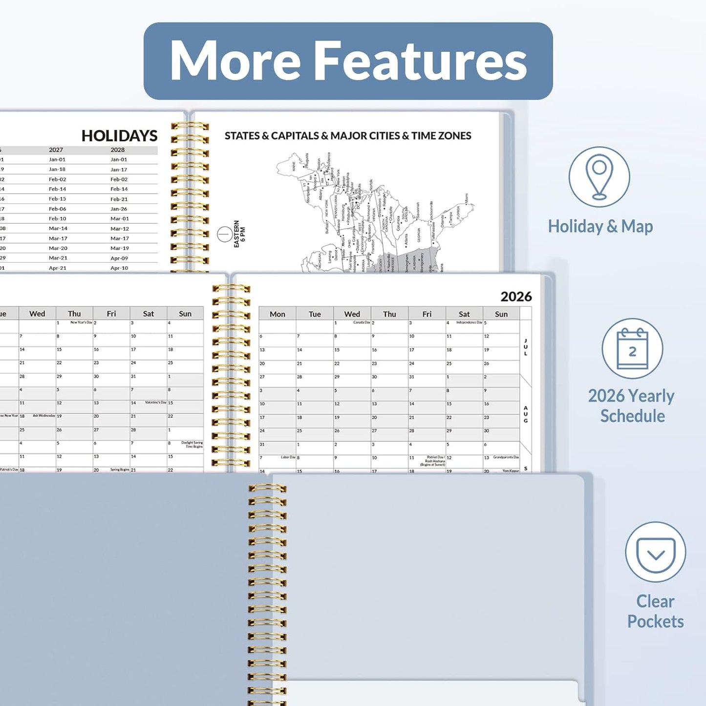 SUNEE 2026 Weekly and Monthly Planner - from January 2026 - December 2026, 6.4" x 8.3" Daily Agenda Planner with Monthly Tab, Flexible Cover, Note Pages, Pockets, Bookmark, Spiral Binding, Gray Blue