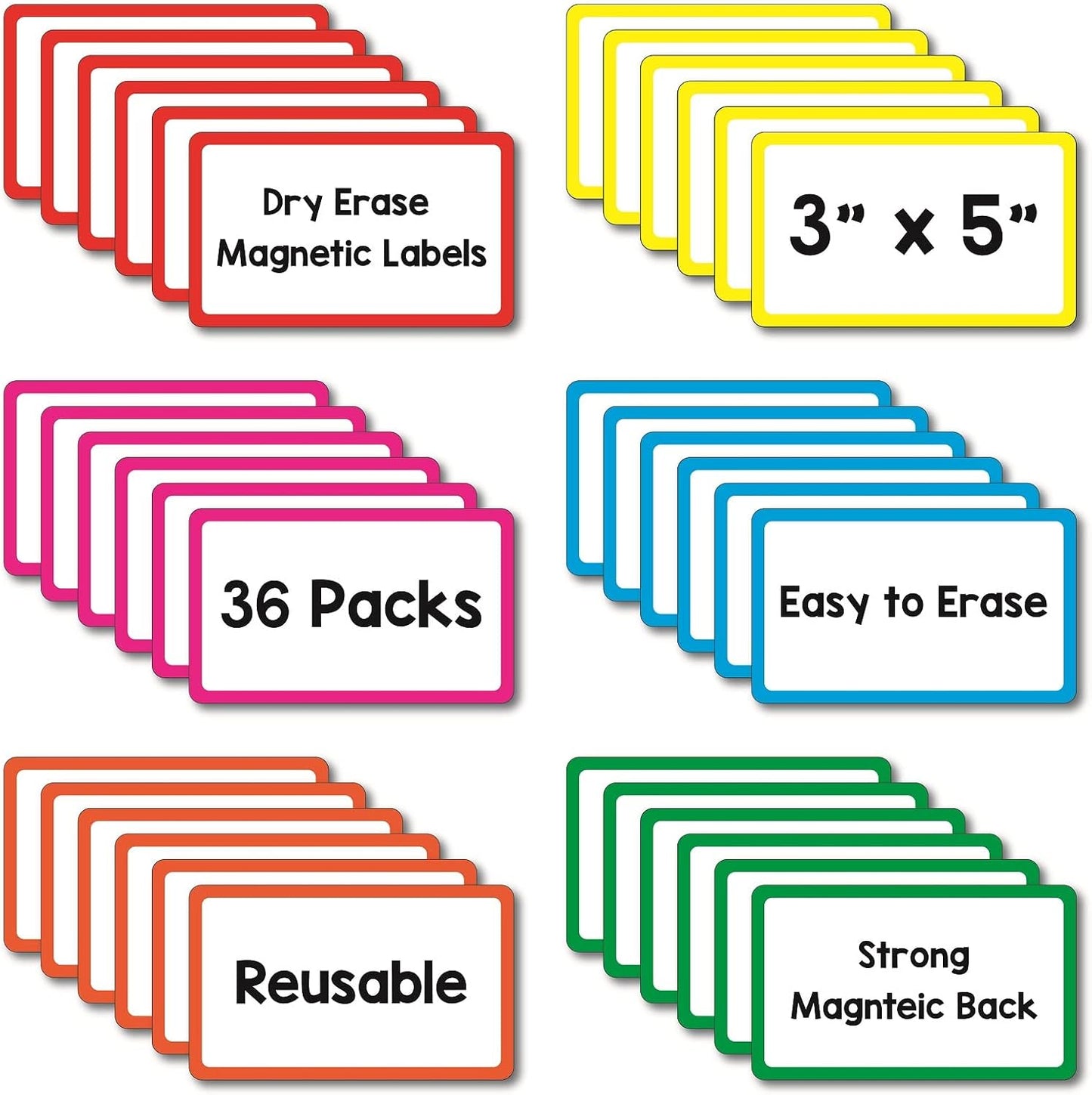 36 Pack Magnetic Dry Erase Labels - Magnetic Blank Cards with Color Borders, Reusable Magnetic Name Tags - Dry Erase Labels for Home, Office, Classroom - 3 x 5 Inches