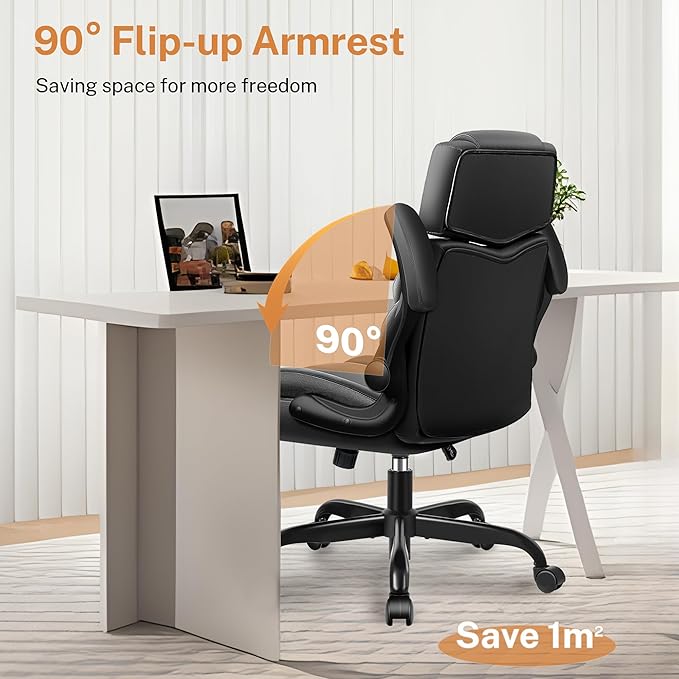 Office Chair Flip Up Arms, Executive Leather Office Chair Ergonomic Desk Chair with Lumbar Support, Adjustable Headrest, Computer Chair Home Office Desk Chair with Rocking Function
