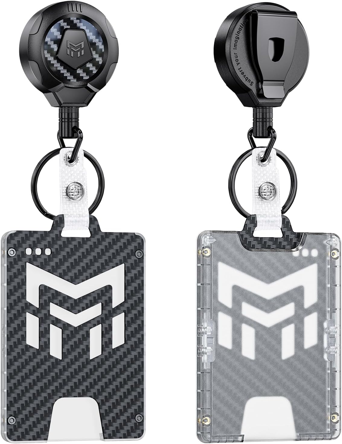 MNGARISTA Retractable Badge Holder, Heavy Duty Badge Reel Keychain with Belt Clip, 3K Carbon Fiber ID Card Holder Lanyard with 32.28" Retractable Key Chain, Black（2 Pack）
