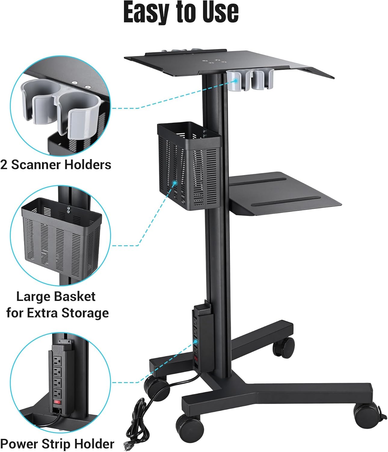 AW Mobile Laptop Cart Medical Rolling PC Stand Computer Workstation on Wheels with Handle 220 Lbs Capacity CPU Printer Power Strip Holder for Lap School Office Salon Spa Dental