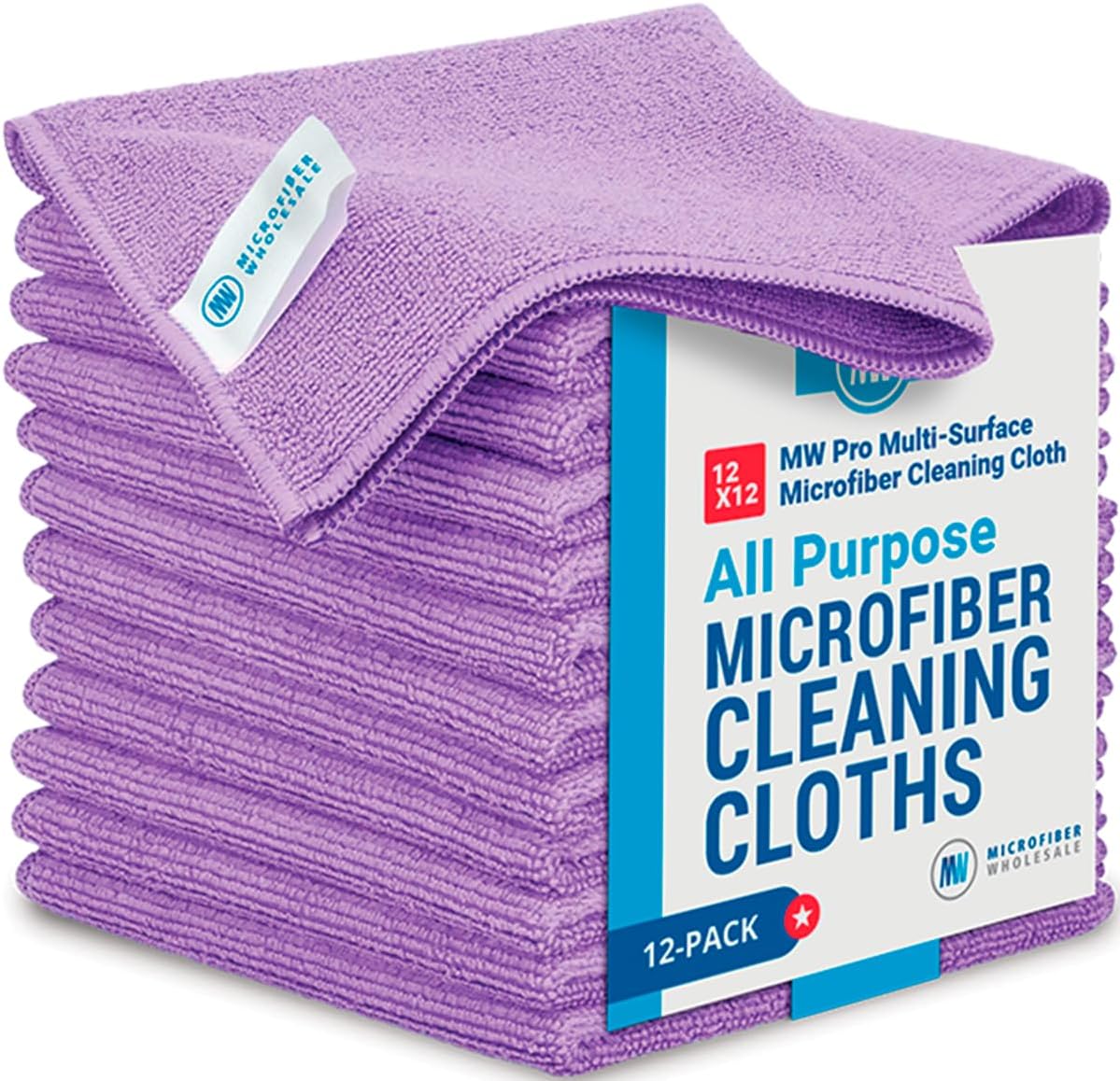 12" x 12" Pro Multi-Surface Microfiber Cleaning Cloths | Purple - 12 Pack | Premium Microfiber Towels for Cleaning Glass, Kitchens, Bathrooms, Automotive, Supplies & Products