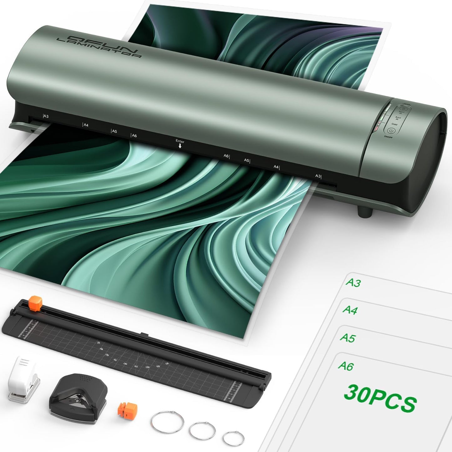 Qfun Laminator Machine 11x17 Cold Thermal Laminator，13 inch Laminating Machine 60s Warm-up with 30 Laminate Sheets，9 in 1 Desktop A3 Lamination Machine with Paper Trimmer for Teacher Home Office