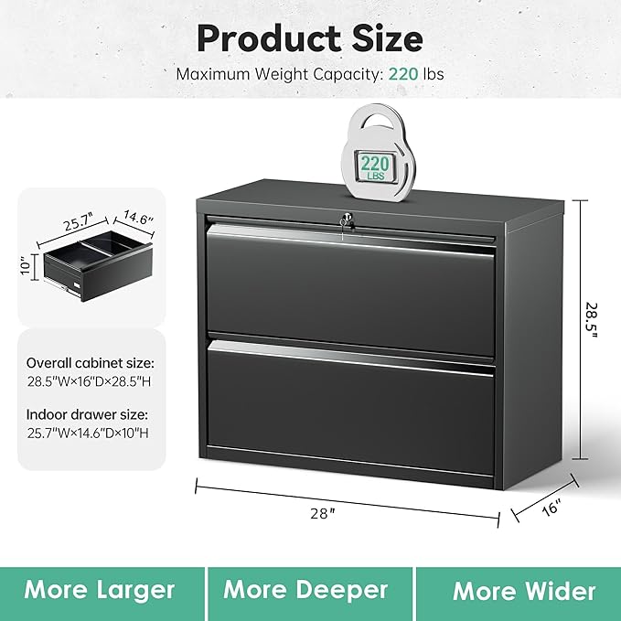 Superday Lateral File Cabinet 2 Drawer Metal File Cabinet with Lock, Black Filing Cabinets for Home Office, Locking Filing Cabinets Hanging Files Letter/Legal/F4/A4