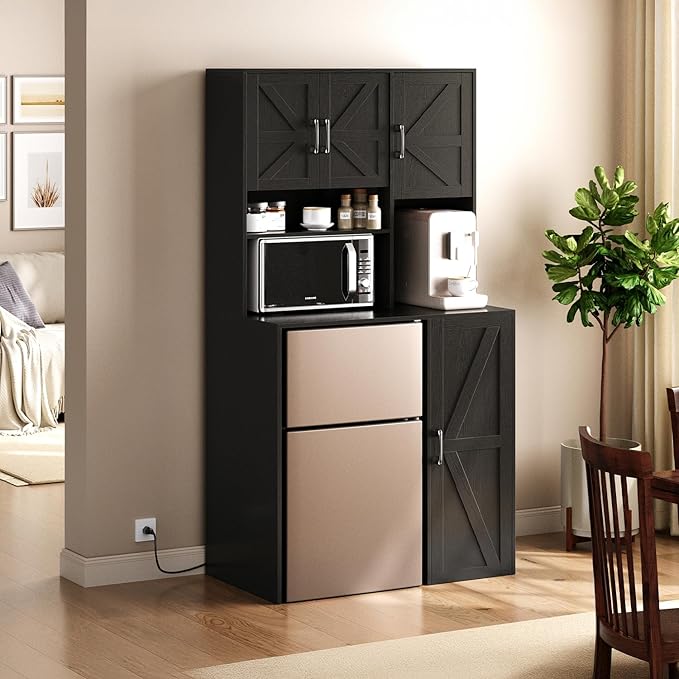 Mini Fridge Cabinet with Storage, Coffee Bar Cabinet with Mini Fridge Space and Outlet, Wine Bar Stand with Microwave Shelf, Beverage Station for Kitchen, Dorm, Office Black KH02MRB
