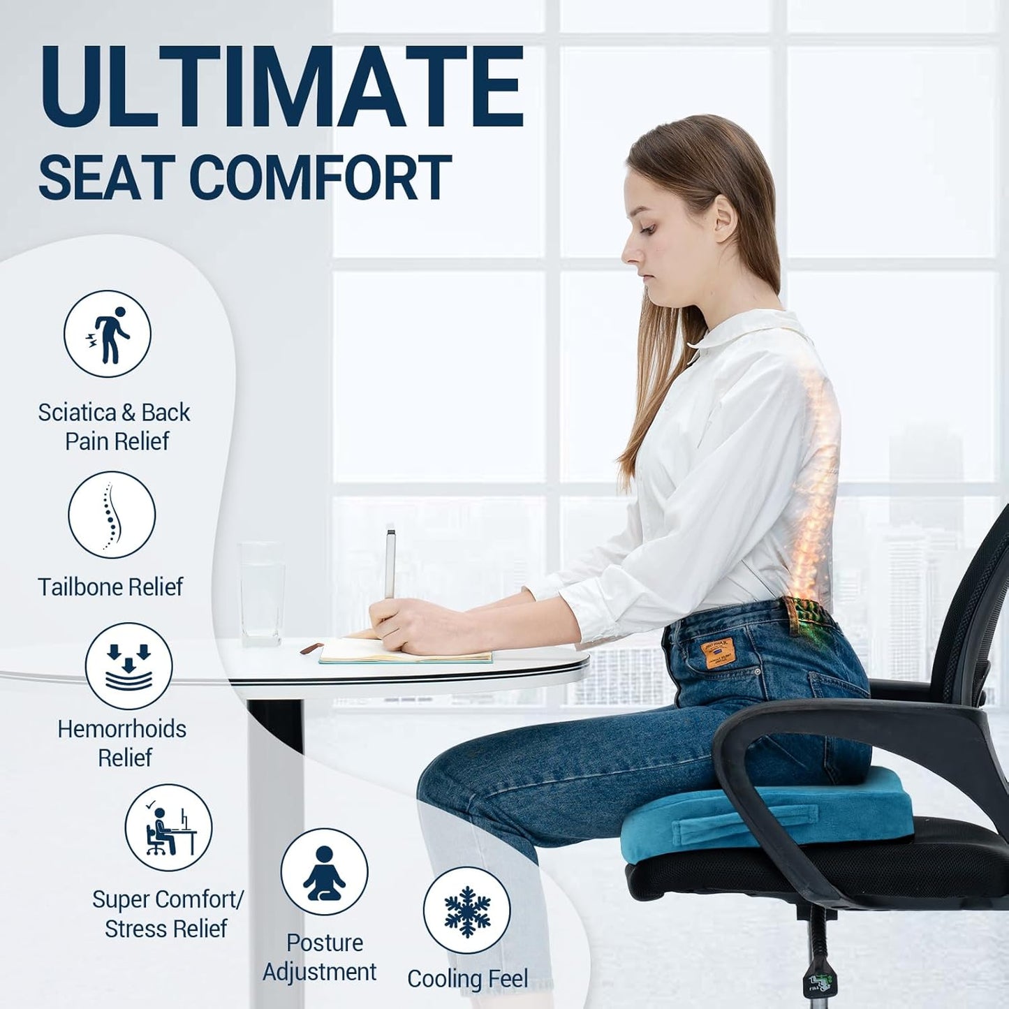 Gel Seat Cushion for Car Office - Memory Foam Pain Relief Chair Pillow Cushions - Tailbone Sciatica Coccyx Butt Lumbar Support Pad for Sitting Driving Traveling, Velvet, Blue