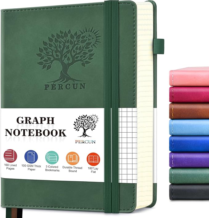PERCUN Graph Paper Notebook, 160 Pages Grid Journal for women & men, A5 Hardcover Leather Graphing Notebook for School, Work, Travel, Note Taking 5.9”x8.5” (Green)