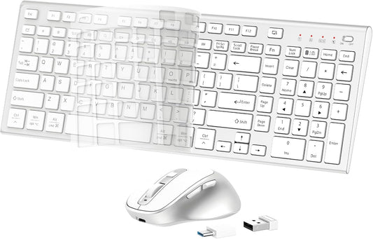 FENIFOX Wireless Keyboard and Mouse, Ergonomic Rechargeable Silent Quiet Slim Compact Full-Size USB C with Number Pad Flat Soft Cover for PC Computer Laptop Mac MacBook iMac TV Windows - Silver White