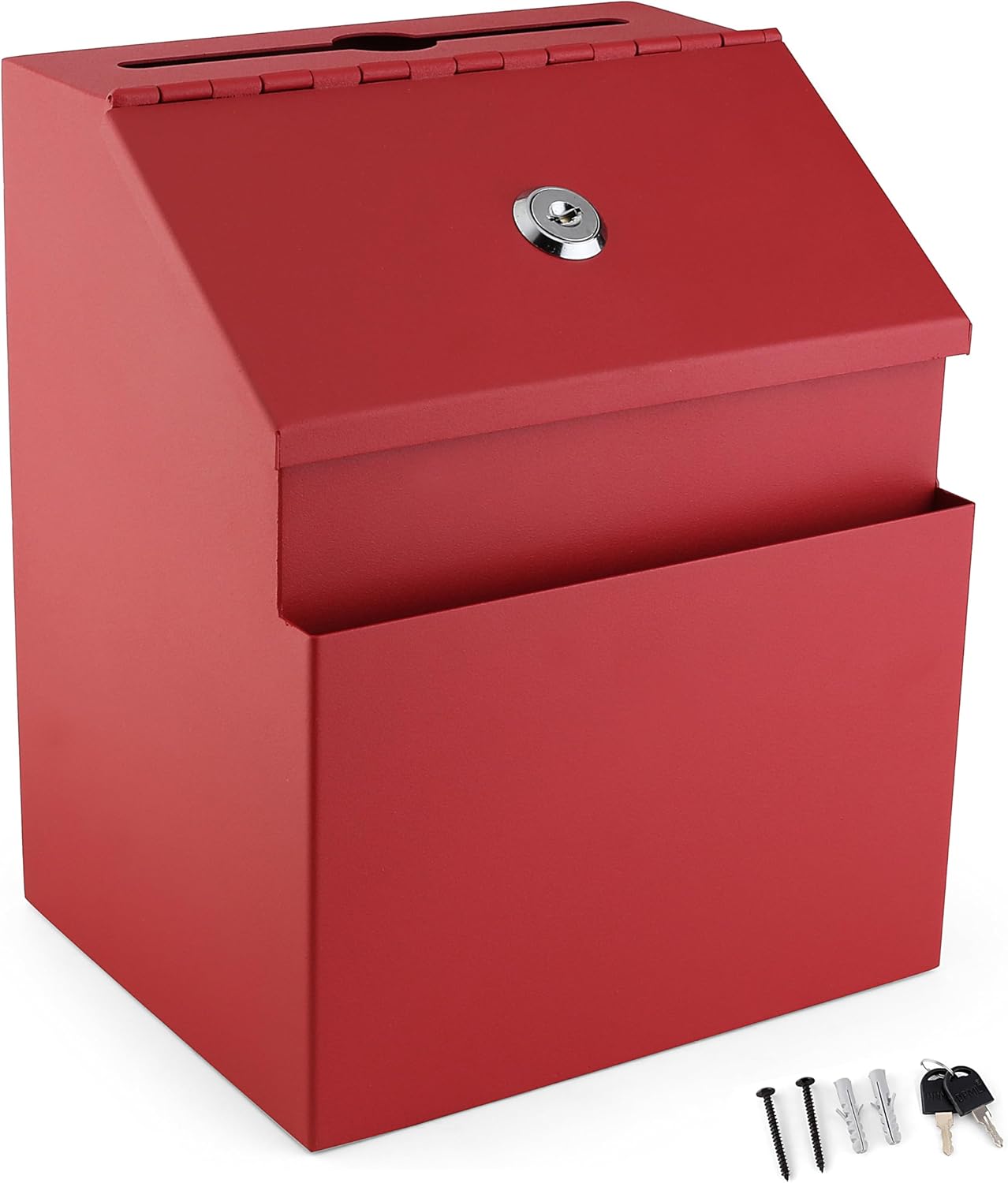 Suggestion Box with Lock and keys, Metal Wall Mounted Ballot Box, Iron steel Donation and Collection Drop Box 8.5" H x 6" W x 7" L with wide 5.5" Slot and front sheet holder (Red)