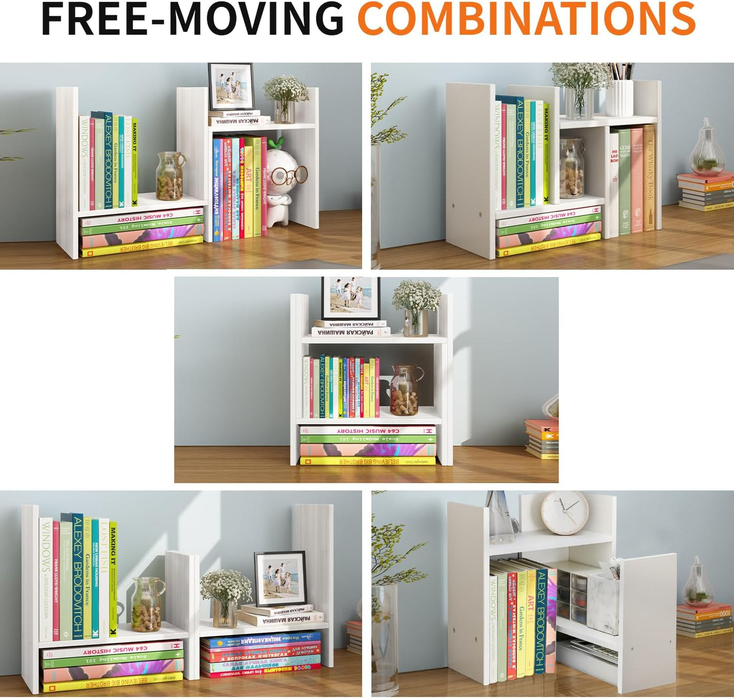 YSJILIDE Wood Adjustable Small Desktop Bookshelf, Expandable Storage Organizer, Organizer Office Storage Rack, Display Shelf Rack, Office Supplies Desk Organizer(White)