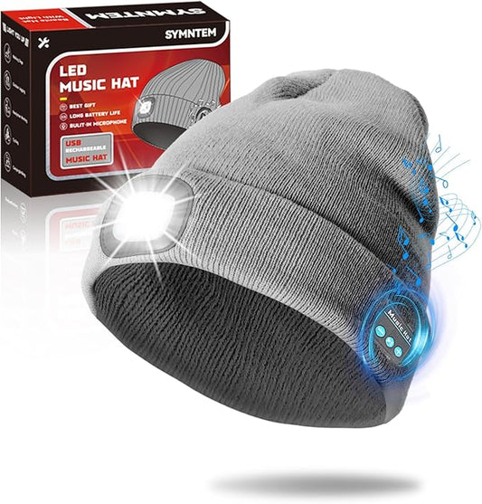 Gifts for Men, Rechargeable Bluetooth Music Unisex Beanie Hat with Light, Stocking Stuffers for Women, Birthday Gifts for Men, for Him, Grey
