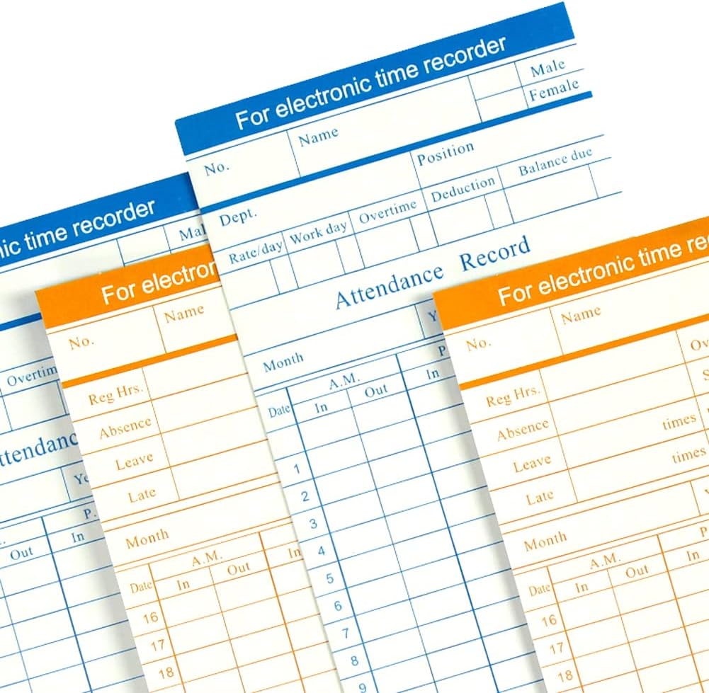 100-Piece Time Cards for Employees, Monthly Time Cards 2-Sided, 2-Color Timecards for Time Clocks, Blue/Orange Print, 7-3/8 x 3-3/8 Inch