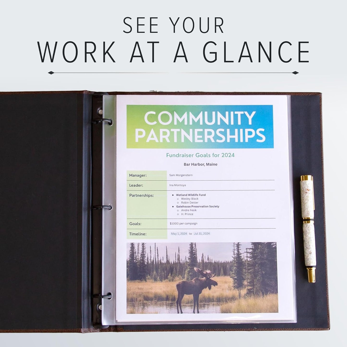 Gallery Leather 3 Ring Binder with Plastic Sleeves, Includes 10 Sheets, Sheet Size: 8.5" x 11" - Presentation Binder Rings with Window and Hubbed Spine, Thick: 1.25" Belfast Brown