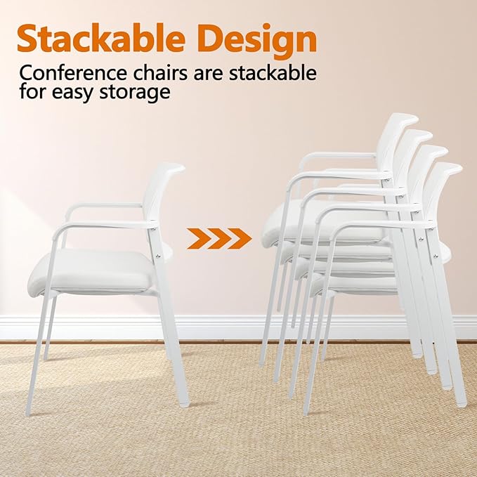 CLATINA Stacking Office Chairs | Mesh Back, Thicken Leather Seat and Arms, Ergonomic Lumbar Support | Guest Reception, Waiting, Conference, School, Party, Customer, Side, Stationary | Set of 2, White