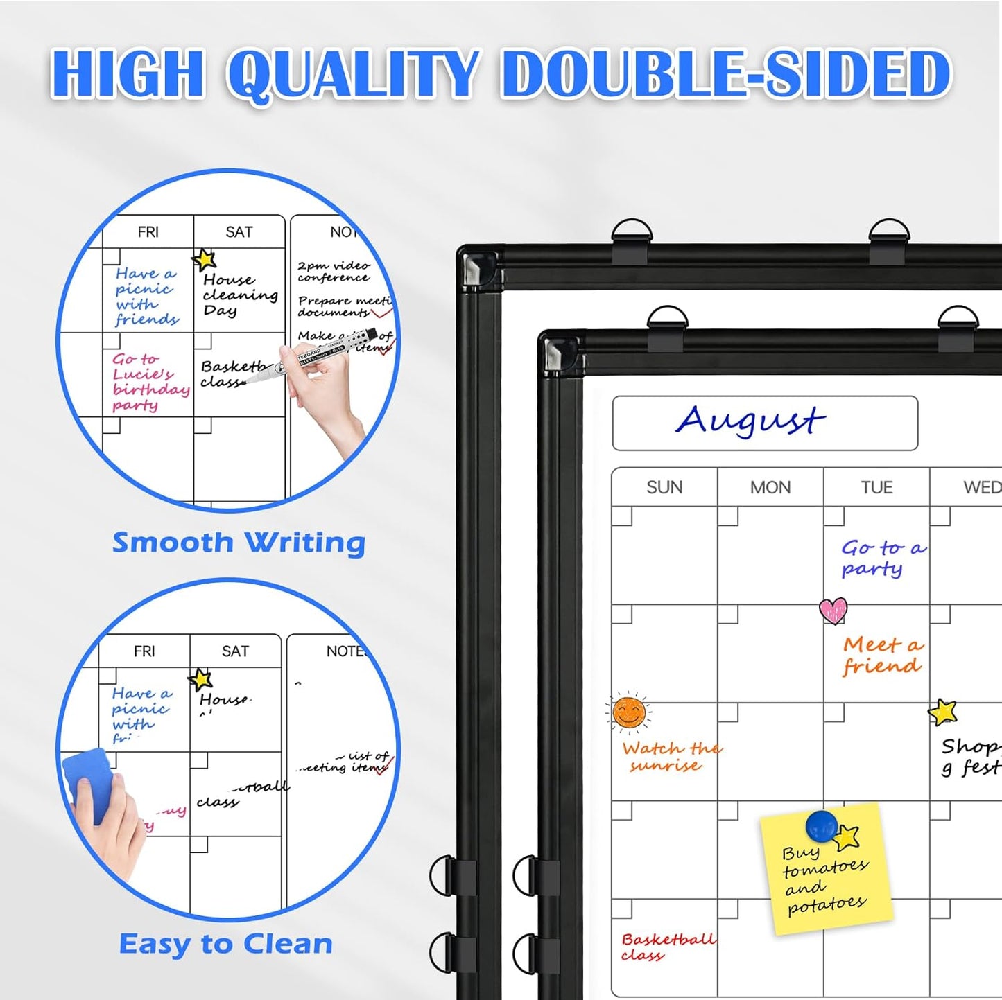 Monthly Calendar Dry Erase Whiteboard, 36" x 24" Magnetic Calendar White Board, Double-Sided Portable Board with Black Aluminium Frame for Office, Kitchen, School, Home