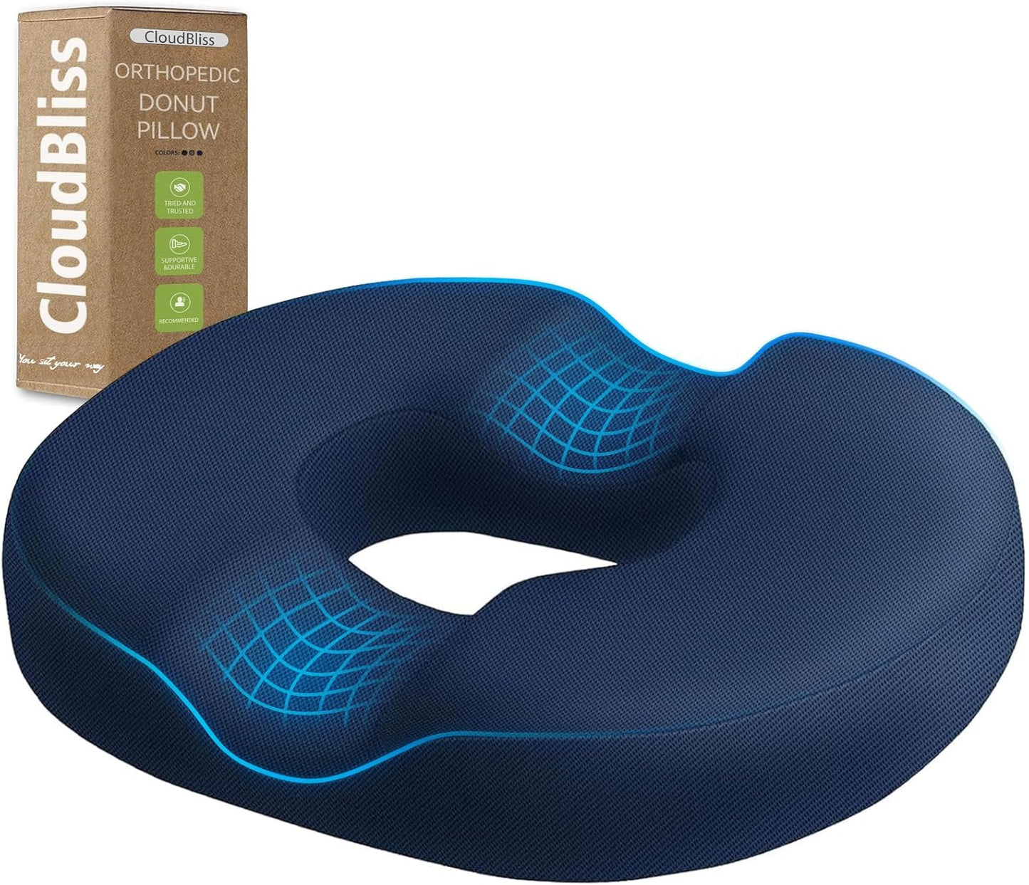 CloudBliss Donut Pillow Seat Cushion for Tailbone Pain Relief and Hemorrhoids, Memory Foam Chair Cushion for Postpartum Pregnancy, Seat Cushions for Men and Women for Home & Office, (Blue)