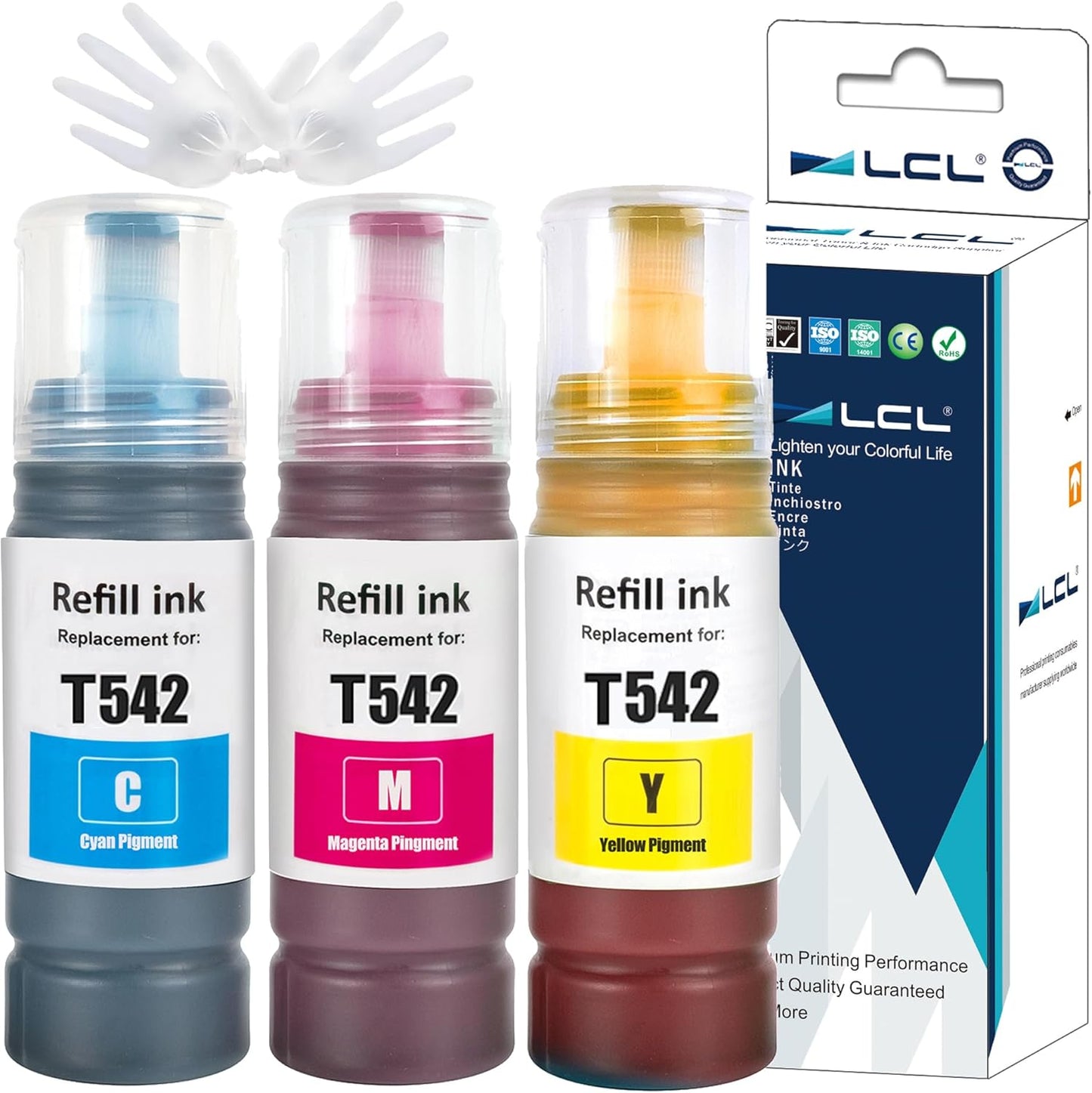 LCL Compatible Ink Refill Bottles Replacement for 542 T542 Ink Compatible with Ecotank ET-5150 ET-5170 ET-5180 ET-5850 ET-5800 ET-5880 ET-16600 ET-16650 ST-C8000 ST-C8090 Printers(Cyan Magenta Yellow)