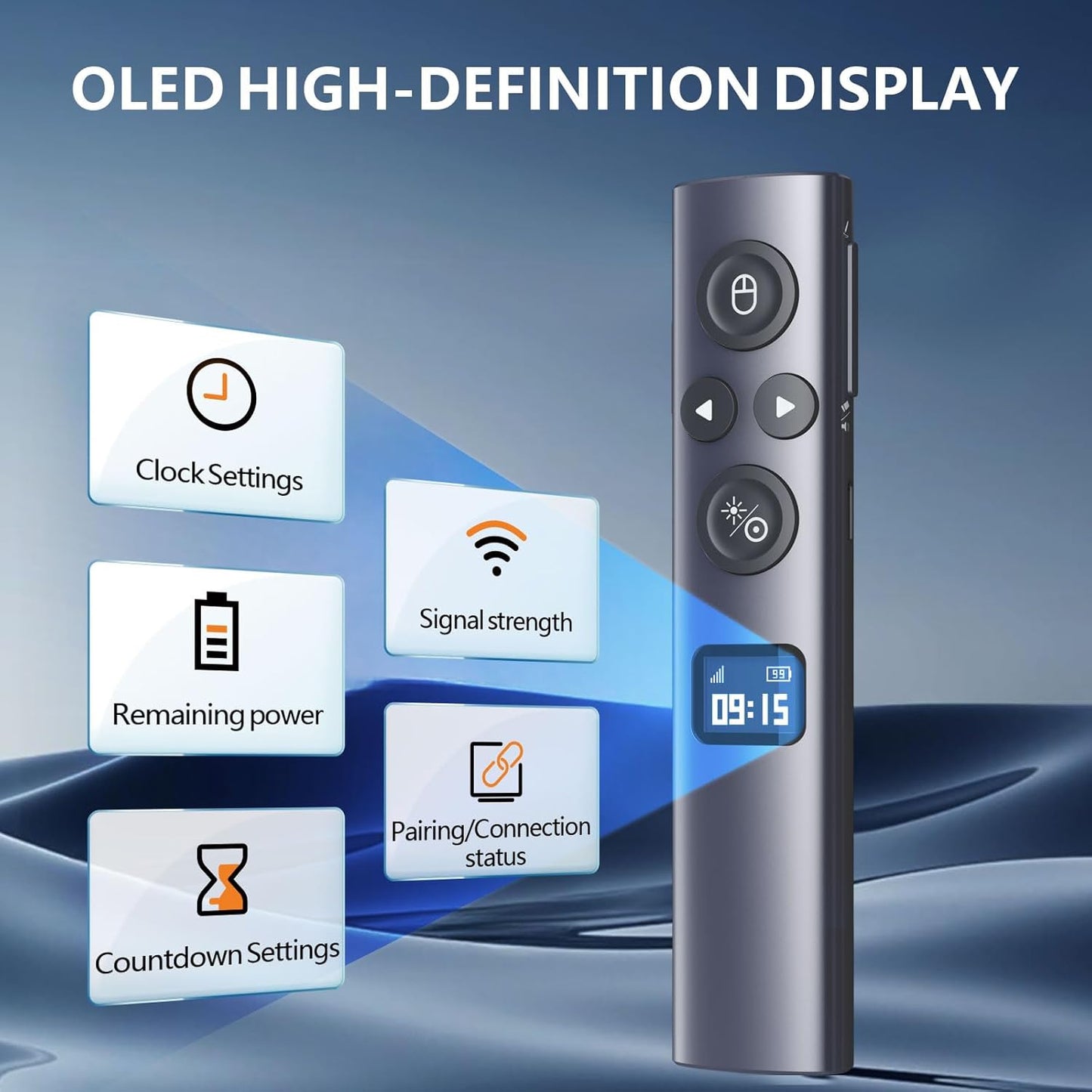 Norwii N95s BLE Presentation Clicker with Digital Pointer for PowerPoint Presentation on TV Screen and Projection Screen, Wireless Presenter Remote with Countdown Timer (Green Light-USB-A)