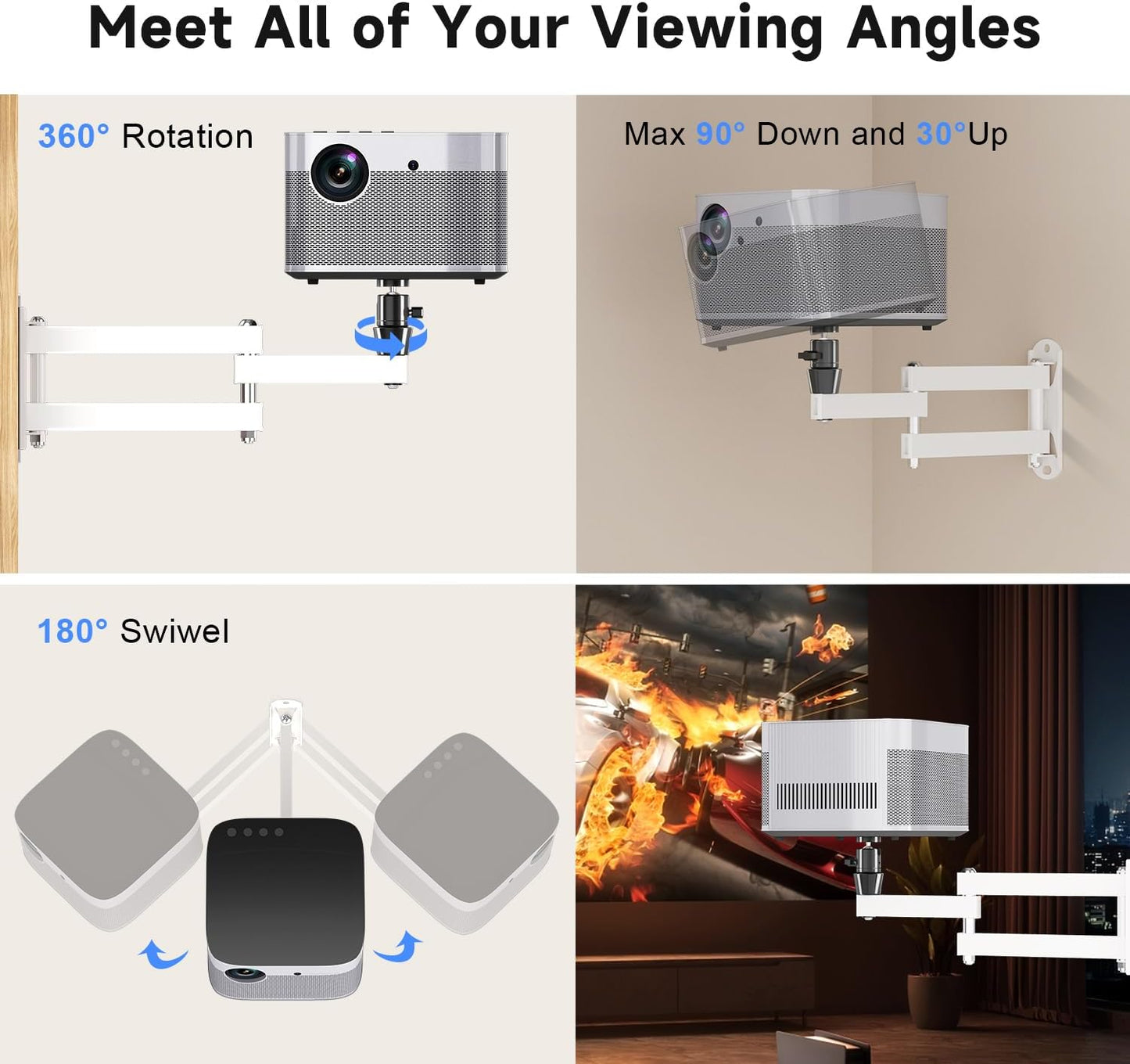 suptek Universal Foldable Projector Wall Mount - Adjustable Bracket for Projectors, Compatible with 1/4", M4 & M6 Screws, Heavy-Duty & Space-Saving Design, White, MA1330YTW