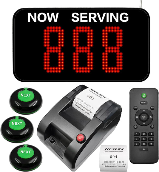 Take a Number System Electronic Queue Calling System with 1 Now Serving Number Display 3 Next Call Button 1 Ticket Dispenser Printer 57mm Thermal Receipt Rolls 1 Remote Control for Office Window