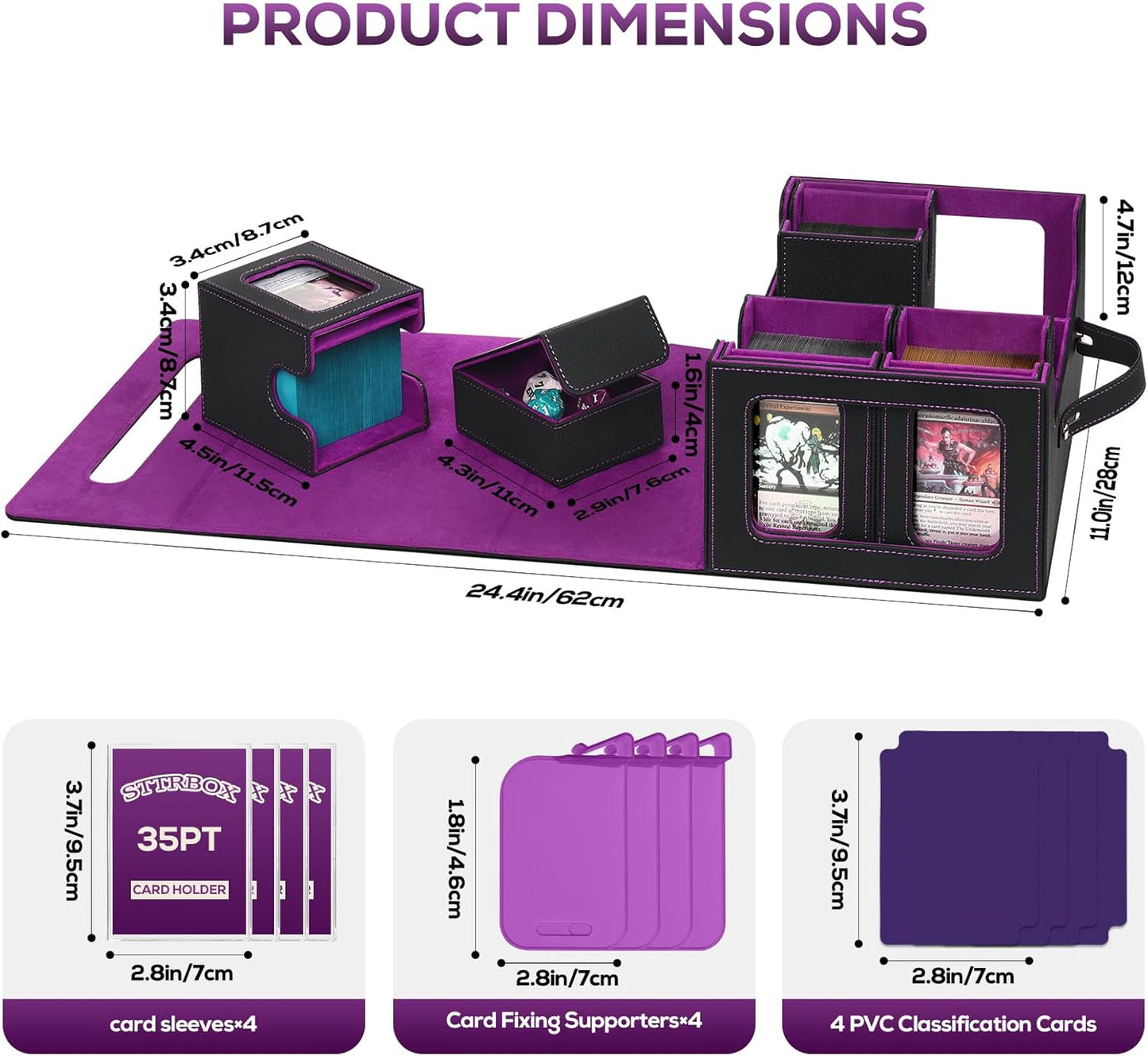 Trading Card Storage Box for MTG, card storage box with Commander Display，Multi-purpose Deck Case for MTG TCG Sports Card, 4 Toploaders, 4 Stoppers, 4 Colorful Dividers (Black & Purple)