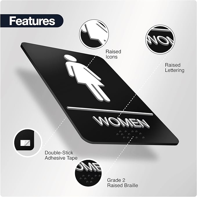 ADA Braille Womens Restroom Sign for Business with Double Sided 3M Tape - ABS Plastic Womens Bathroom Sign 9” x 6” for Offices and Restaurants