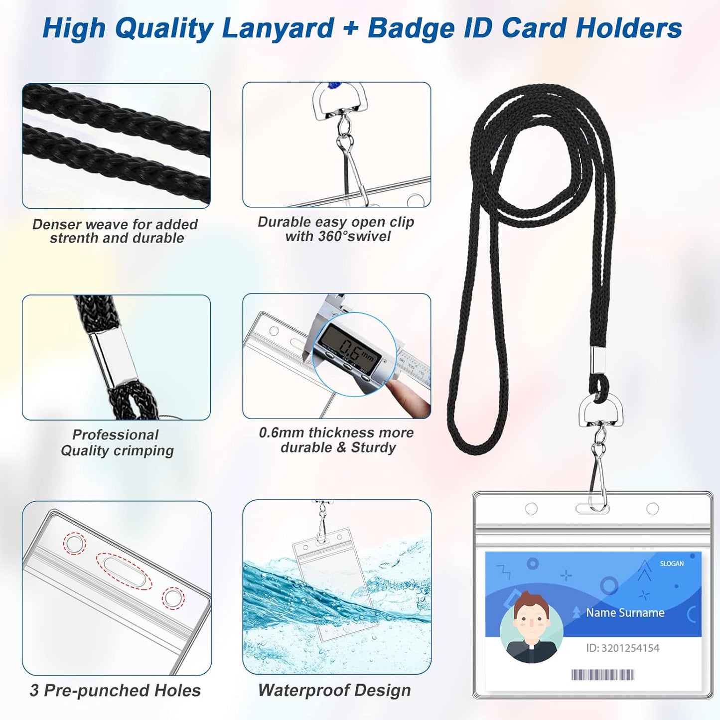 100Pcs Clear Plastic Horizontal Name Tag Badge ID Card Holders and 100Pcs Black Neck Lanyards with Swivel Hook for School, Office, Business