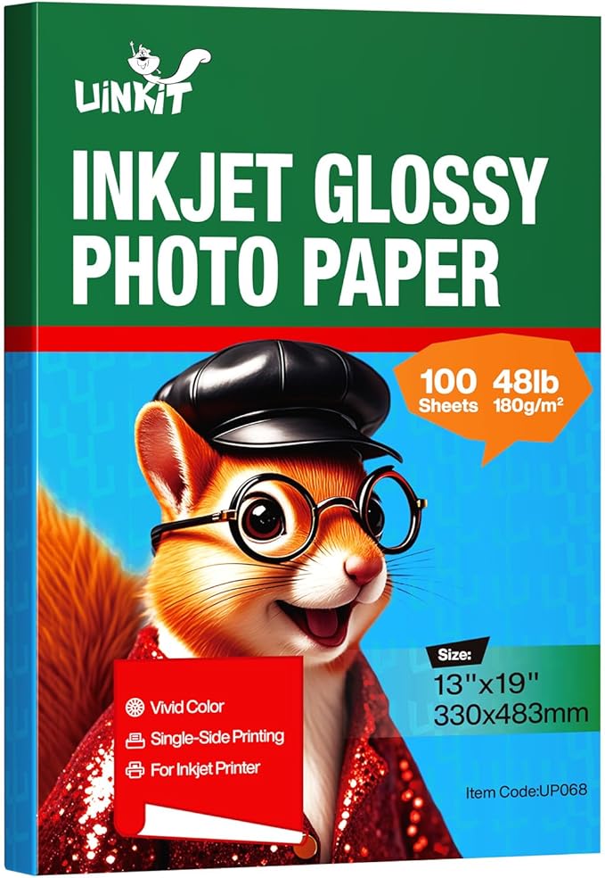 Uinkit Glossy Photo Paper 13x19inches100 Sheets 180Gsm 48lbs Professional Glossy Photographic Paper Compatible with Inkjet Printer Use DYE INK 180GSM