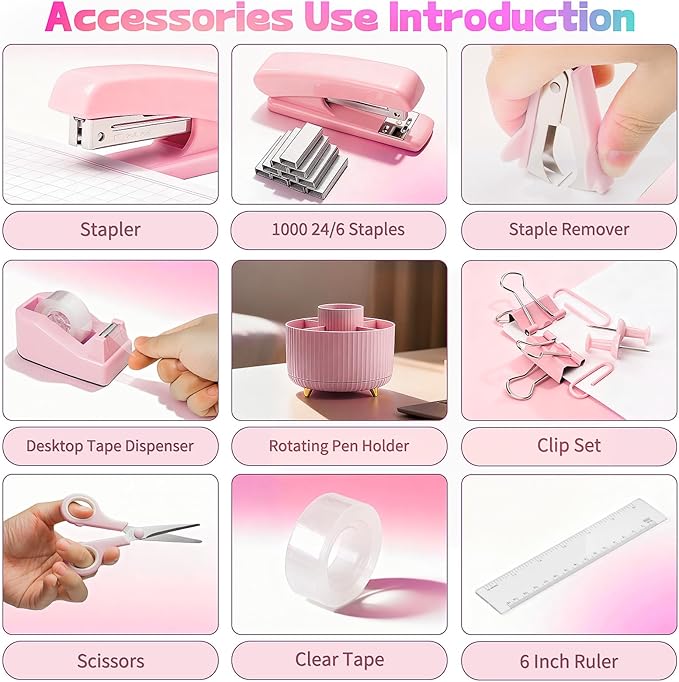 10pcs Office Clerks Staff Desk Accessories, Pink Office Supplies Set for Women, Desk Organizer with Stapler, Staple Remover, Tape Dispenser, Tape, 360° Pen Holder, Scissor, Ruler, Ballpoint Pen, Clips