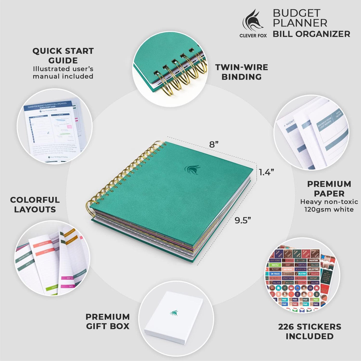 Clever Fox Budget Planner & Monthly Bill Organizer With Pockets. Expense Tracker, Budgeting Journal & Financial Book. Large, 8x9.5" (Turquoise)