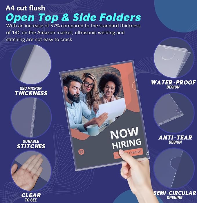 JIKIOU 30 Pack Clear Document Folder Copy Safe Project Pocket L-Type Clear Plastic Folder A4/ Letter Size in Transparent Color(Upgraded Size)