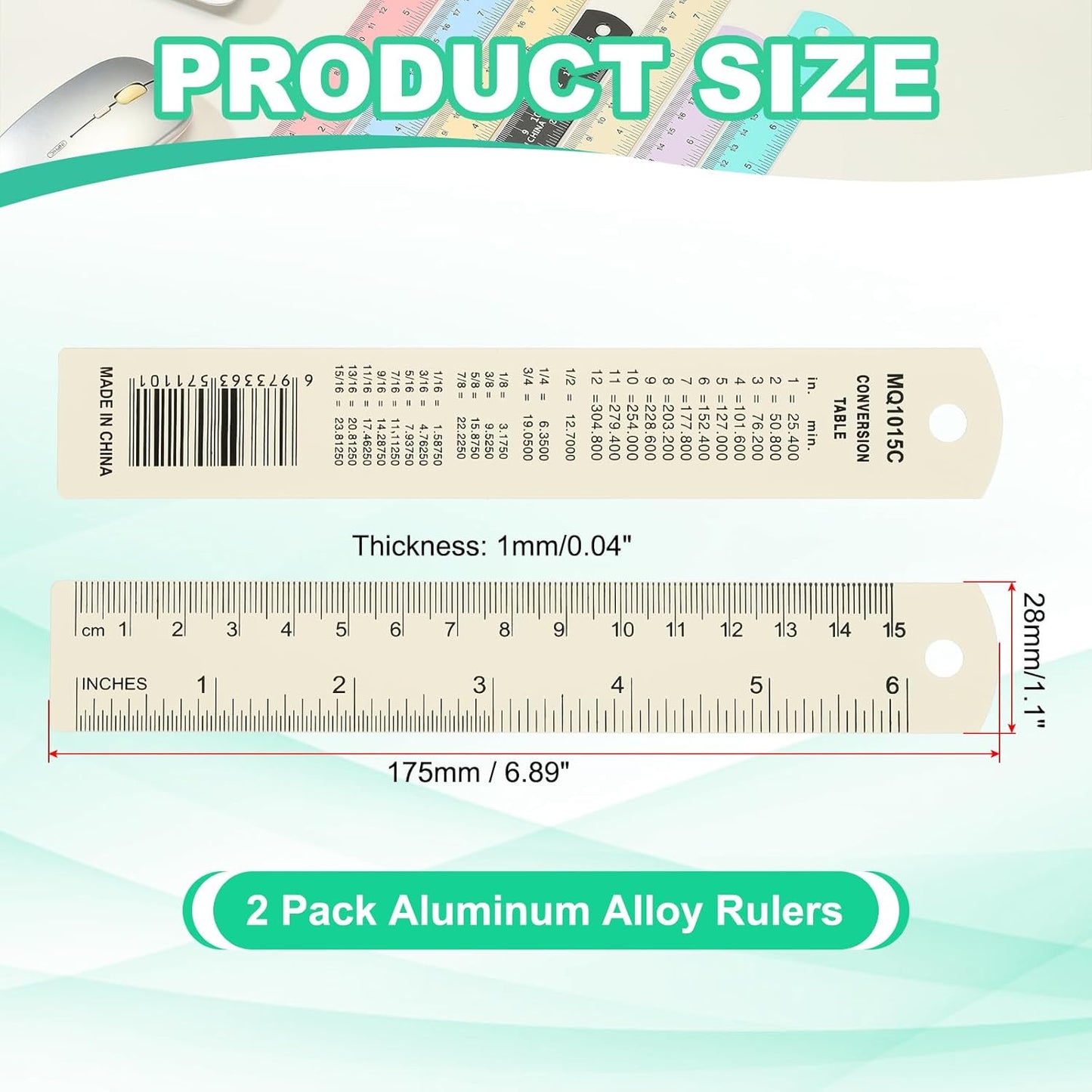 PATIKIL 15cm/6" Metal Ruler, 2 Pack Aluminum Alloy Rulers with Centimeters, Millimeters, Inches and Conversion Table Straight Edge Ruler for Writing Machinist Drafting, Beige