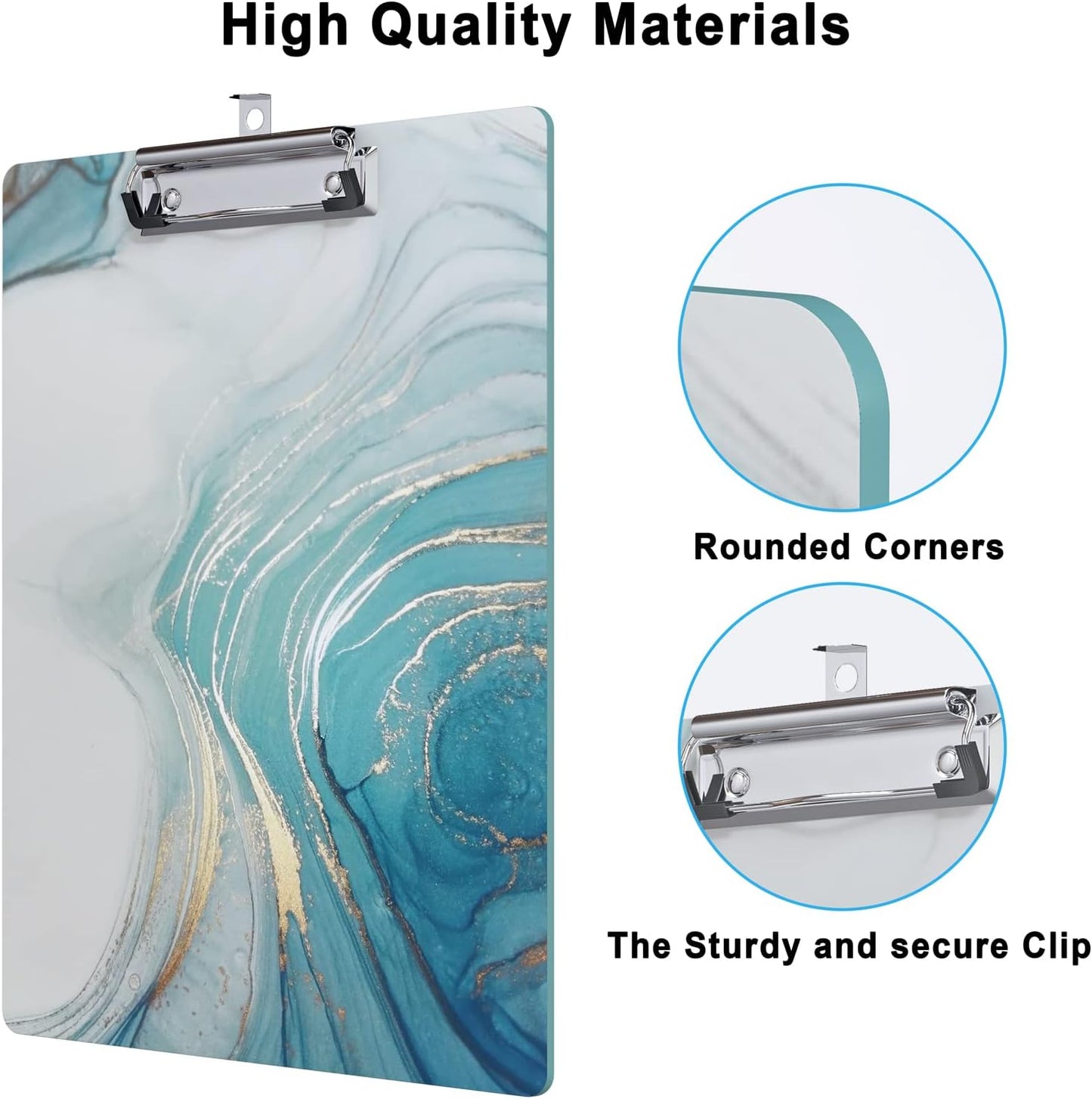 Clipboard Design Decorative Wood A4 Letter Size Clip Boards for Classroom Office, Standard Size 9" x 12.5" with Low Profile Metal Clip - Light Blue Marble