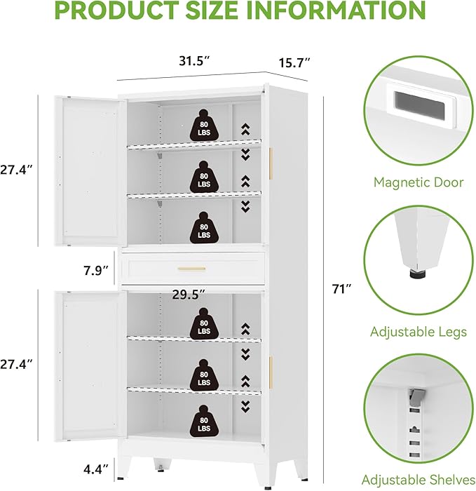 71" Tall Metal Storage Cabinet with Adjustable Shelves,Farmhouse Kitchen Pantry Cabinet with 2 Barn Doors and Drawer,Large Storage Cabinets for Dining Room,Bathroom,Living Room(White)