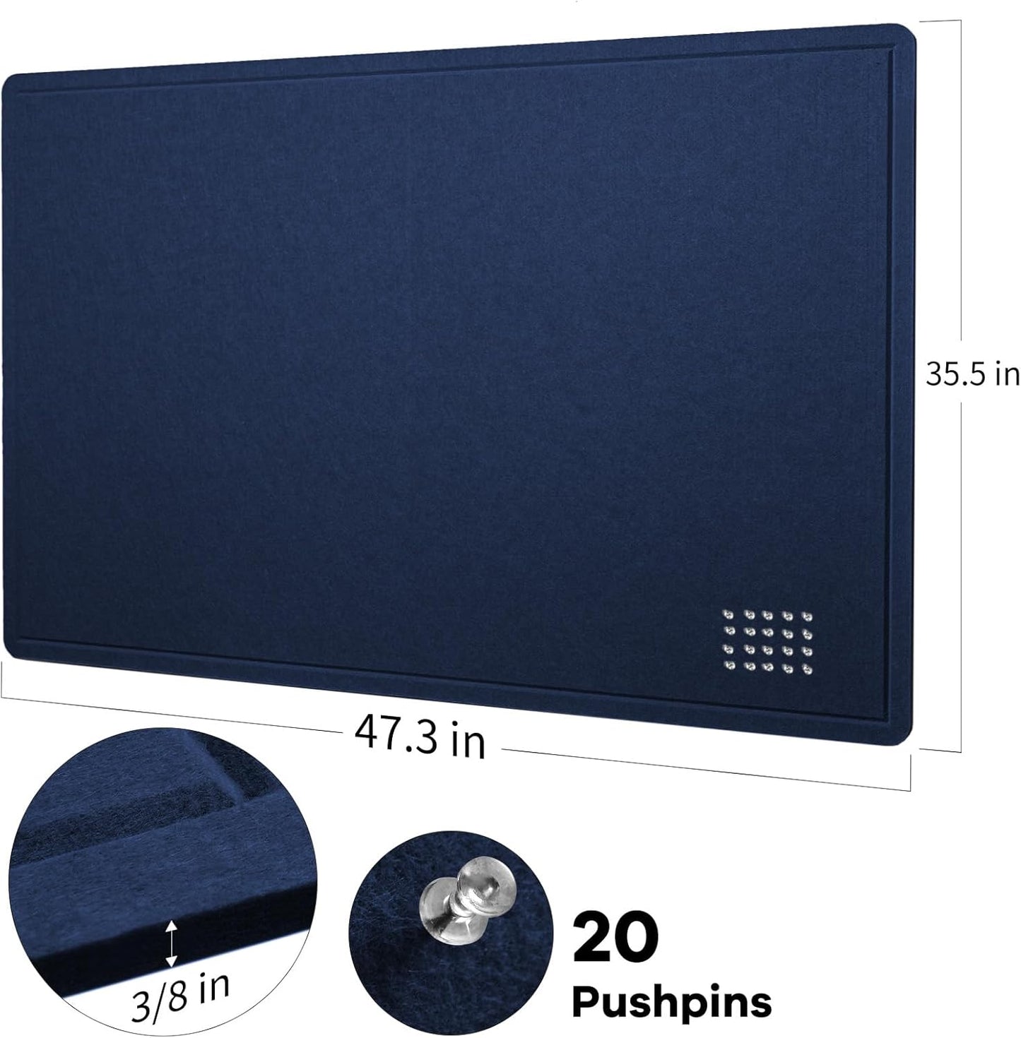 Large Bulletin Board - 48 x 36 Inches, Decorative Felt Pin Board for Wall - 4' x 3' Foldable Photo Display Board with Self-Adhesive Tape, Includes 20 Push Pins - Dark Blue