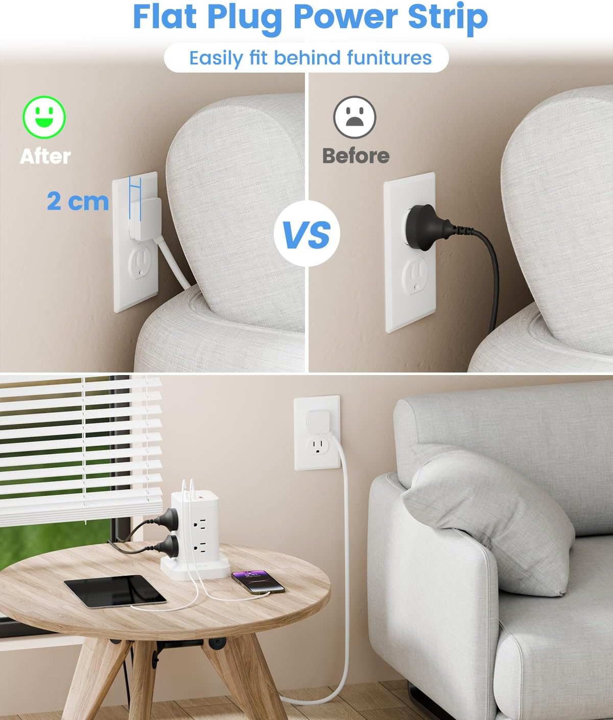 11-in-1 Power Strip Tower with Surge Protector 1800J, Fast Charging Tower PD20W USB-C Ports with 8 AC Outlets, 6ft Extension Cord for Home Office Dorm Room, White