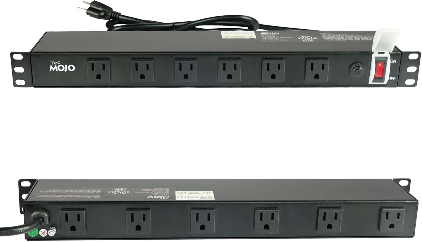 Tecmojo 1U Rackmount Network-Grade PDU Power Strip, 12 Wide-Spaced Right Angle Outlets, Circuit Breaker 12A (UL Certified 12A) 6ft Cord w/ 5-15P Plug, Black